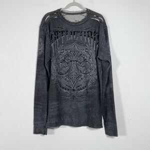 Affliction Waffle Knit Pullover Shirt Men Sz 3XL Gray Long Sleeve Raw Edges